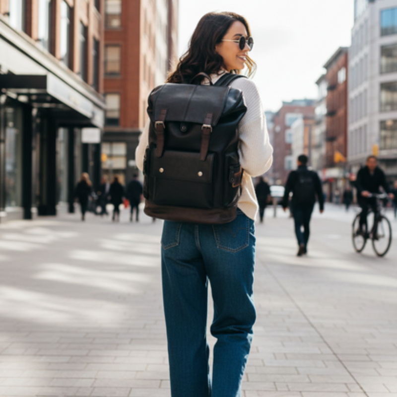 Anti-Theft PU Leather Laptop Backpack Black Bolsnik