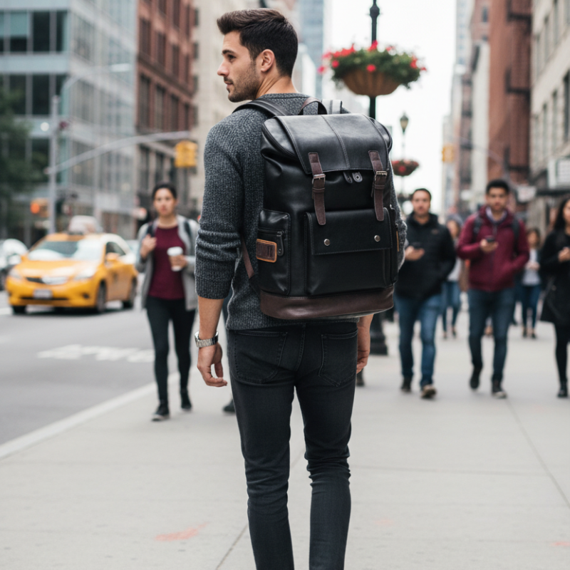 Anti-Theft PU Leather Laptop Backpack Black Bolsnik